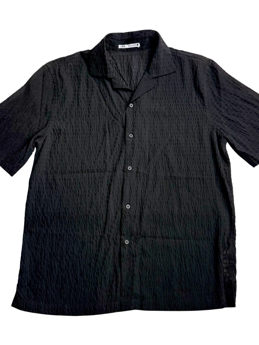 Zara Textured Camp Collar Shirt Mens M Black Short Sleeve Resort Button Up